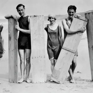 Surfers on the beach, Perranporth, Perranzabuloe, Cornwall. Probably June 1922