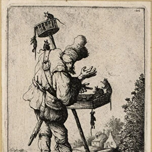 17th century Dutch itinerant rat-catcher with tray and rat trap. 1803 (engraving)