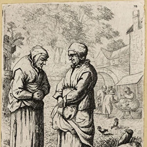 17th century Dutch peasant women gossiping in a village street. 1803 (engraving)