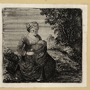 17th century peasant woman breastfeeding a baby near a tree. 1803 (engraving)
