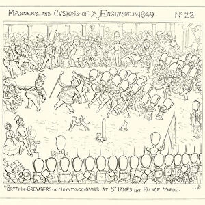 1849, British Grenadiers mounting guard at St Jamess Palace Yard (engraving)