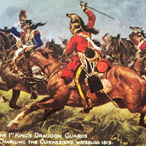 The 1st Kings Dragoon Guards, charging the Cuirassiers, Waterloo 1815 (colour litho)