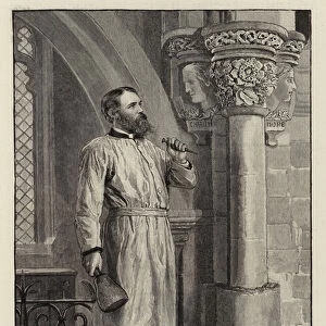 "A Vicar his own Mason", the Reverend F W Ragg helping in the Restoration of his Church at Marsworth, Tring (engraving)