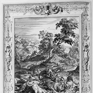 Acteon devoured by hunting hounds (engraving)