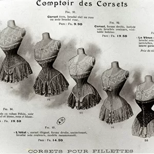 Advertisement for corsets and undergarments, from the Comptoir des Corsets c. 1900 (litho) (b/w photo)