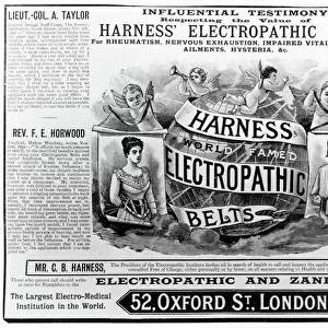 Advertisement for Harness world famed Electropathic Belts, c. 1890 (engraving)