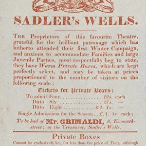 Advertisement for the Sadlers Wells Theatre (engraving)