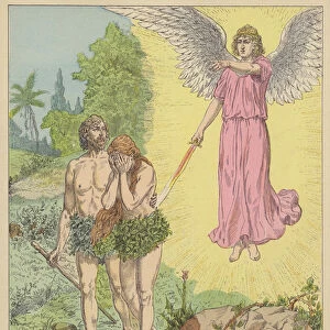 Adam and Eve thrown out of The Garden of Eden (colour litho)