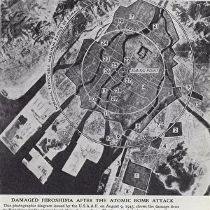 Aerial view of the damage inflicted on the city of Hiroshima by the first atomic bomb dropped on Japan by the Americans, World War II, August 1945 (b / w photo)