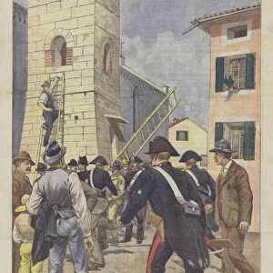 The agricultural strikes in Bergamo, the assault given by the strikers on a bell tower to play... (colour litho)