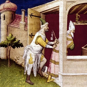 Al-Musta sim Billah trapped by Hulegu, illustration from Books of the Marvels of the World, by Rustichello da Pisa (vellum)