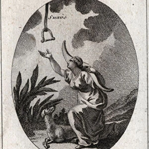 Allegory of obedience. She holds a yoke on her shoulders