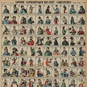 Alphabetical lottery of a hundred caricatures (coloured engraving)