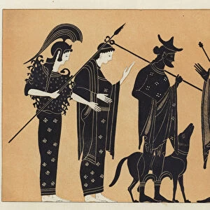 Ancient Greek figures, including Athena, with dog (colour litho)