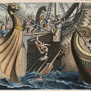 Ancient Rome: Sea battle with gangplank, 1866 (coloured engraving)