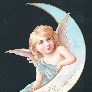 Angel and moon crescent, Christmas Card (chromolitho)