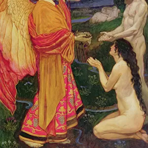 The Angel offering the fruits of the Garden of Eden to Adam and Eve (oil on canvas)