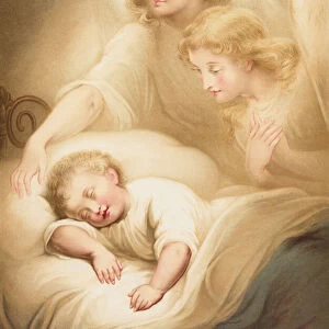 Angels watching over a sleeping child (chromolitho)
