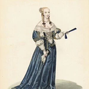 Anne Genevieve de Bourbon, Duchess of Longueville, 1619-1679. Her hair is tied in a bun with two locks tied in ribbons, blue satin dress with lace collar and sleeves, bodice laced with pearls