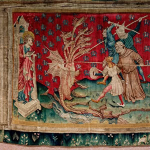Apocalypse Tapestry, Cartons of the painter Hennequin de Bruges, atelier Nicolas Bataille. no 39, Le dragon combat les serviteurs de Dieu, 1373-1380 (textile)