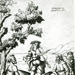 Apollo and Pan (engraving) (b / w photo)
