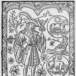 April, flowers, Aries, illustration from the Almanach des Bergers, 1491