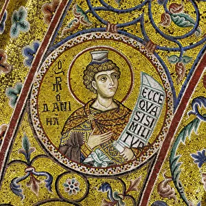 Apsidal arch: Prophet Daniel, byzantine school mosaic with a golden background (mosaic)