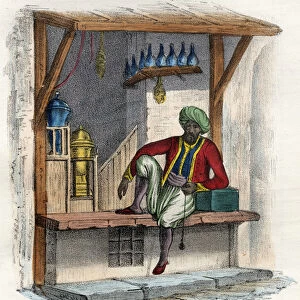 Arab merchant in front of his shop, Algiers, 19th century