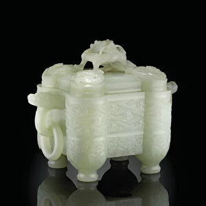 Archaistic vessel and cover, Tulu, Qianlong Period (1736-95) (pale celadon jade