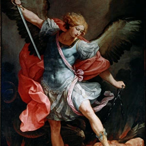 The archangel Saint Michael crush the head of the demon Silk Painting by Guido Reni
