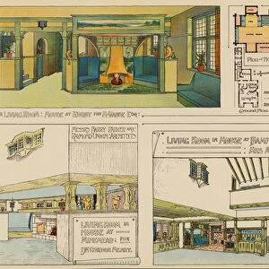 Architectural drawings for living rooms in three English houses (colour litho)
