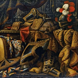 Armor, helmet, shield, sword (oil on canvas)