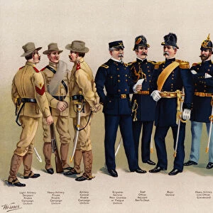 US Army, uniforms, 7 Artillery, 3 Officers figures, 1899 (colour litho)