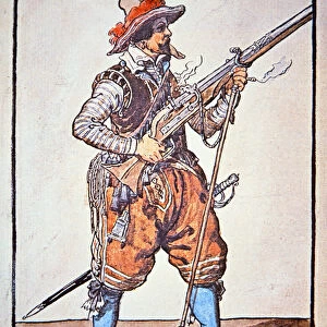 Arquebusier armed with matchlock musket, illustration from Manual of Arms
