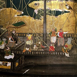 The Arrival of the Portuguese in Japan, detail of the Portuguese ship, from a Namban Byobu screen