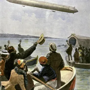 Aerial view of a zeppelin over Lake Constance in print Aerial view of a zeppelin over Lake Constance in print