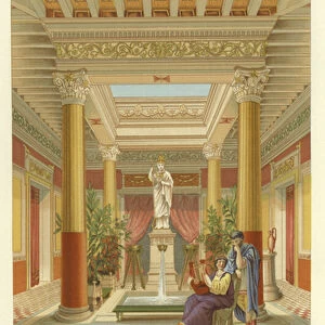 Atrium or court of house in Pompeii (colour litho)