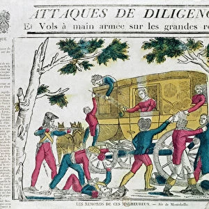 Attack on the Diligence from Paris to Lyon on 25th July 1822 (colour litho)