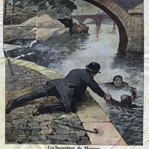The attempted suicide in the Seine of a young woman near the Louis Philippe Bridge in Paris, saved by police chief Leulier. Illustration taken from "Le petit journal illustrious"of 10/07/1921. Private Collection