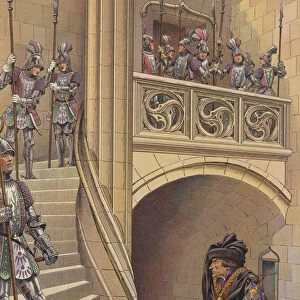 The barber climbed the stairs towards the Kings chamber, past the numerous armed guards (colour litho)
