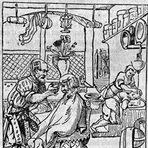 The barber shop in the 16th century, the hairdresser takes care of a clients hair