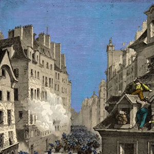 Battle at the Barricade of Rue Saint Antoine in 1830, Engraving, Private Collection
