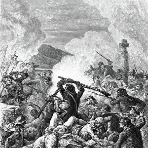 Battle of Ponte Novu in Corsica between french army led by Comte de Vaux and corsican troops of Pasquale Paoli, 9th may 1769. 19th century (engraving)