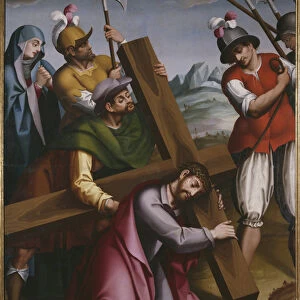 The Bearing of the Cross, Simon of Cyrene helps Jesus (oil on panel)