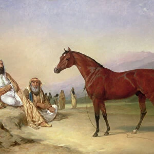 Two Bedouin with a Bay Arab Stallion in the Desert, 1860 (oil on canvas)