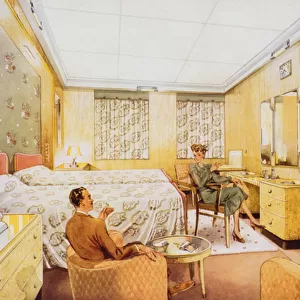 A Bedroom aboard RMS Caronia, c. 1950 (colour litho)
