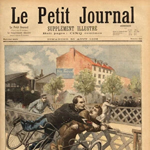 Bicycle arrest near Champigny. Engraving in "Le petit journal"