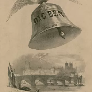 Big Ben with wings flying over London (engraving)
