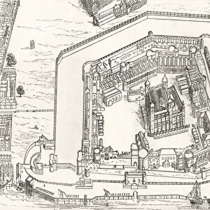 Birds Eye View of the Tower of London in 1688, from London Pictures: Drawn with Pen