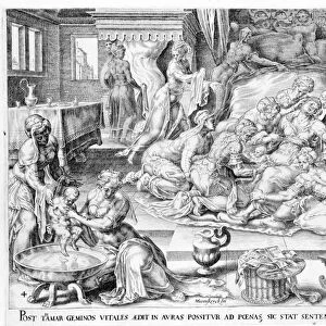 The birth of Thamar. 17th century engraving by Antonio Blocklaus